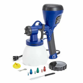 Electric paint sprayer with accessories, nozzles, and cleaning brush for woodworking projects