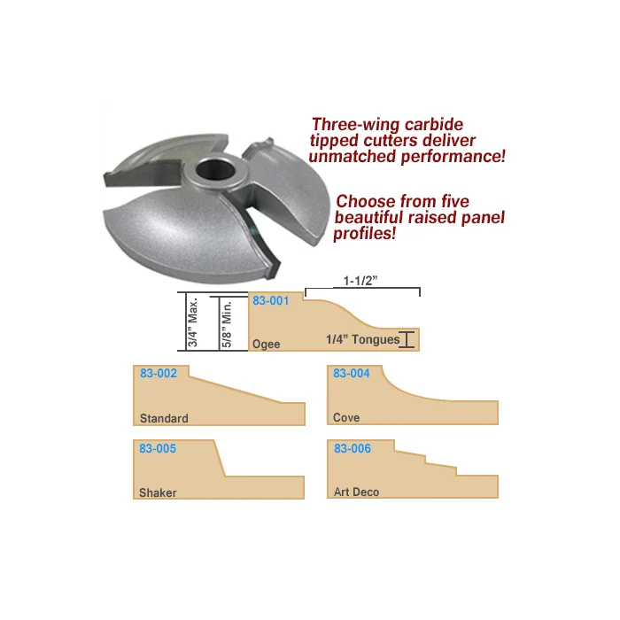 Carbide tipped raised panel router bit with five cutter profile options: ogee, standard, cove, shaker, art deco.