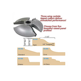 Carbide tipped raised panel router bit with five cutter profile options: ogee, standard, cove, shaker, art deco.
