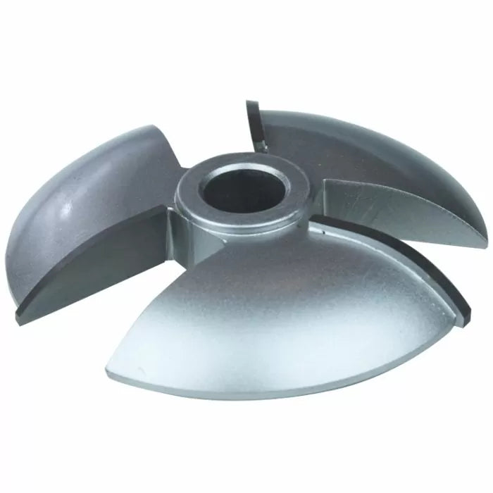 Carbide-tipped woodworking shaper cutter with four cutting wings for precision joinery
