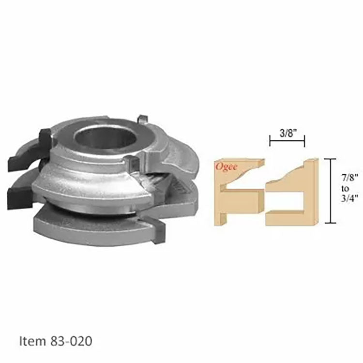 Ogee profile router bit for woodworking with sample cut and dimensions shown