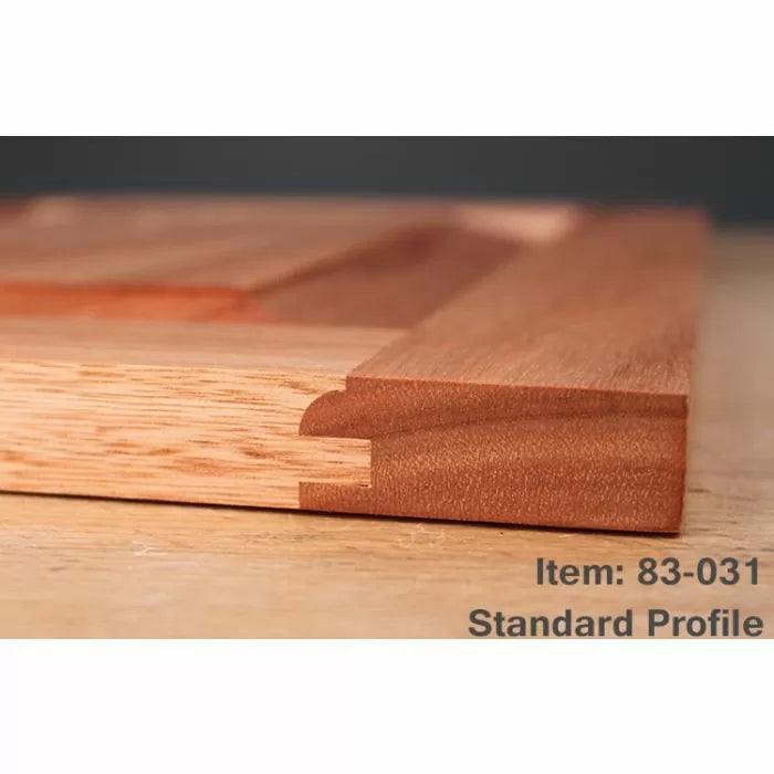 Close-up of wooden cabinet door joint showing standard profile edge for woodworking projects