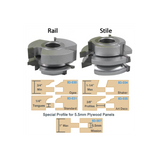 Cabinet rail and stile router cutter sets with profile options for tongues, ogee, shaker, art deco, and mission woodworking.