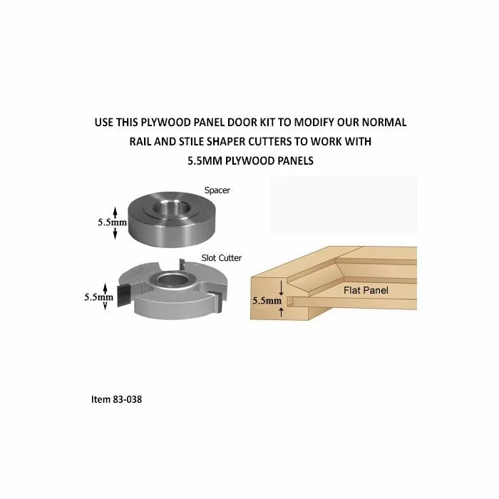 Plywood panel door kit with 5.5mm spacer, slot cutter, and flat panel woodworking diagram