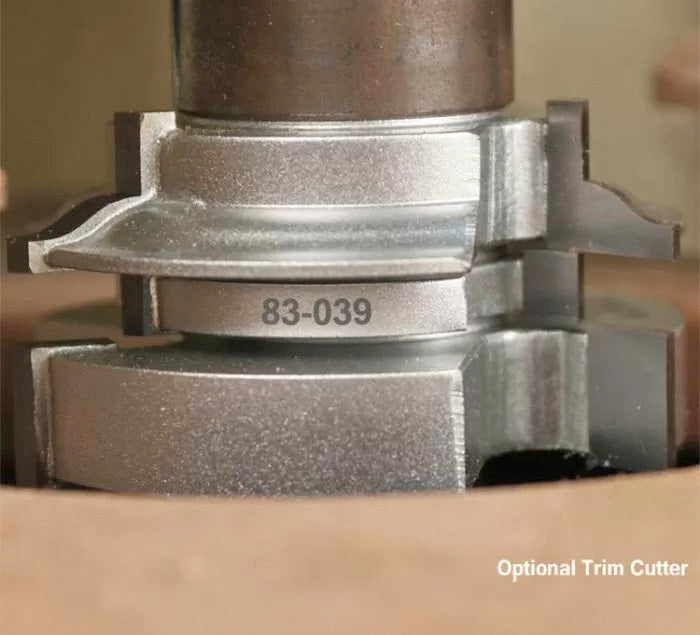 Close-up of a stackable woodworking cutter head marked 83-039 in a router table setup