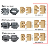 Comparative chart showing Ogee, Mission, and Shaker router bit sets with wood joint profiles and dimensions.