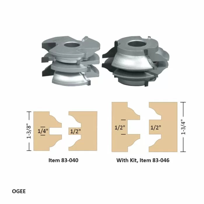 Ogee router bit set with profile diagrams and dimensions for woodworking joints