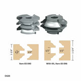 Ogee router bit set with profile diagrams and dimensions for woodworking joints