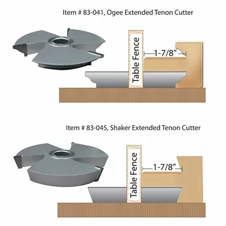 Diagram of ogee and shaker extended tenon cutters with table fence for woodworking.