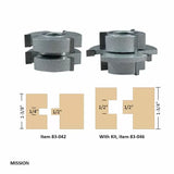 Mission stile and rail router bit set with joinery profile diagrams for woodworking.