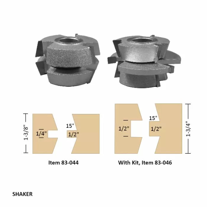 Shaker stile and rail router bit set with profile diagrams for woodworking joinery.
