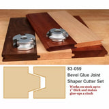 Bevel glue joint shaper cutter set on wood boards with sample joint profile illustration
