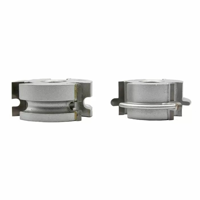 Two silver woodworking router bit cutter heads for shaping and joining wood pieces