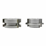 Two silver woodworking router bit cutter heads for shaping and joining wood pieces
