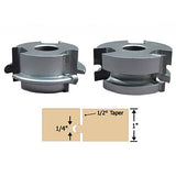 Woodworking router bit set with carbide cutters and diagram for tongue and groove joints