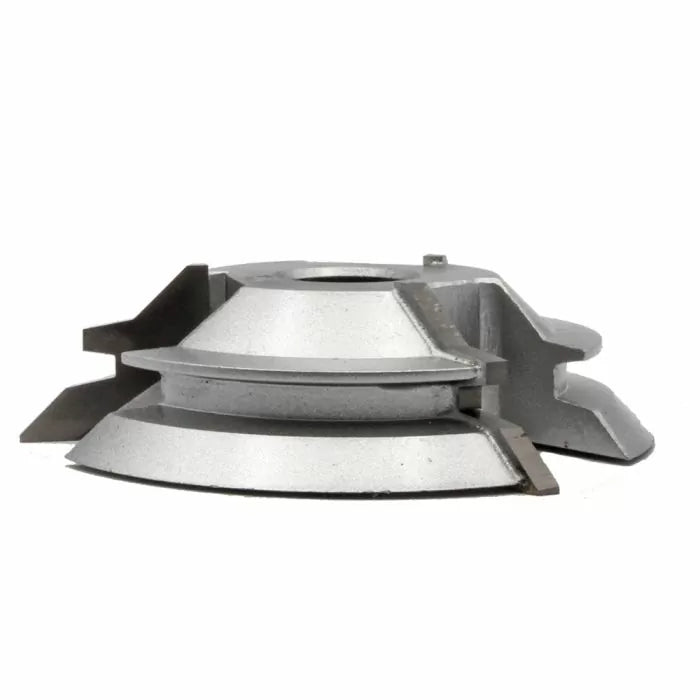 Carbide-tipped shaper cutter head for woodworking, isolated on white background.