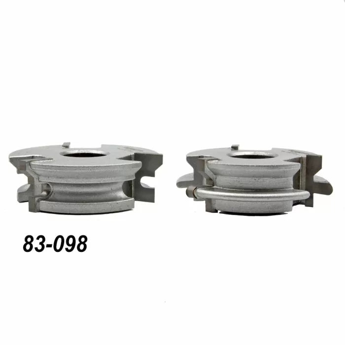 Pair of metal woodworking shaper cutters with grooves, labeled 83-098, on white background