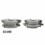 Pair of metal woodworking shaper cutters with grooves, labeled 83-098, on white background