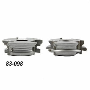 Pair of metal woodworking shaper cutters with grooves, labeled 83-098, on white background