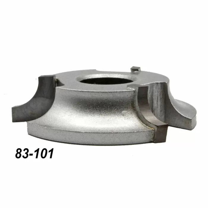 Silver woodworking shaper cutter head with cutting blades, part number 83-101, isolated on white
