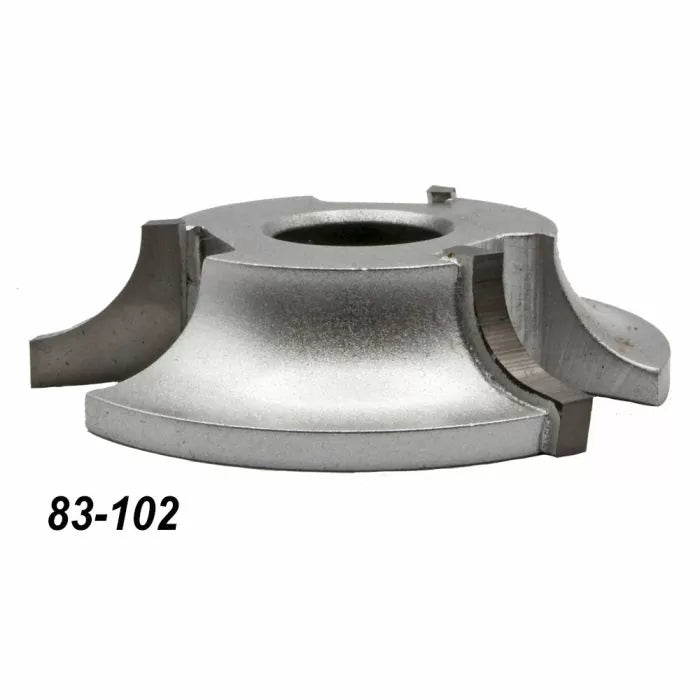 Silver woodworking shaper cutter head for router tables, marked with 83-102