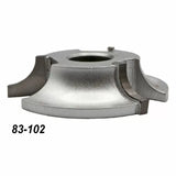 Silver woodworking shaper cutter head for router tables, marked with 83-102