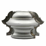 Silver industrial molding cutterhead for woodworking on a white background