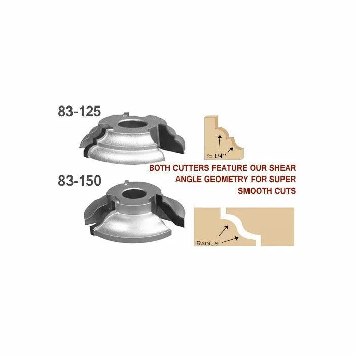 Two molding cutters for woodworking with profiles and labeled shear angle geometry for smooth cuts