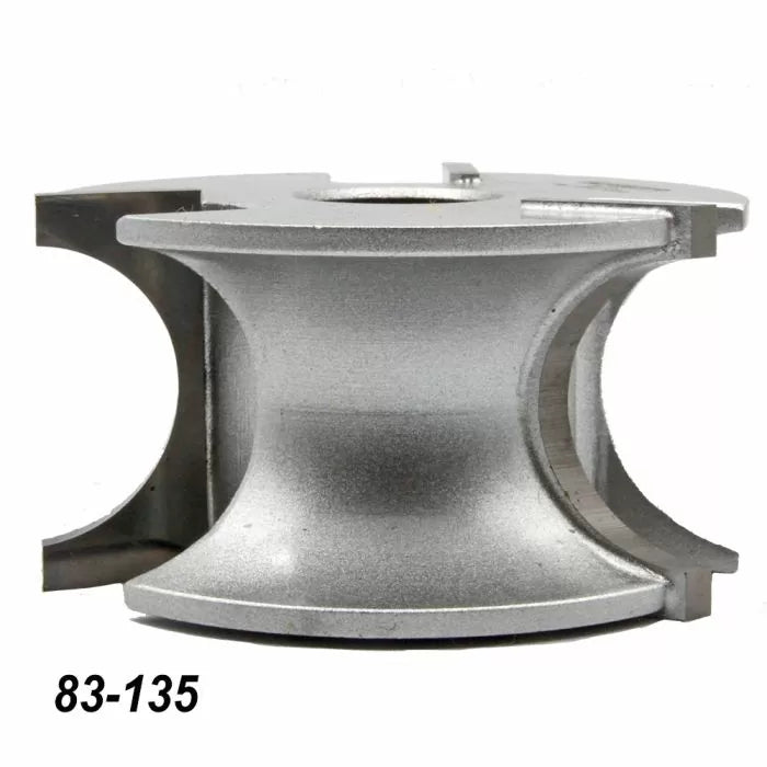 Silver woodworking cutter head with curved profiles, labeled 83-135, for shaping wood.
