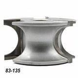 Silver woodworking cutter head with curved profiles, labeled 83-135, for shaping wood.