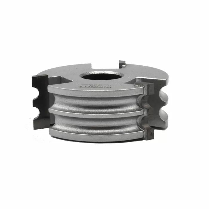 Stacked groove cutting woodworking router bit with carbide inserts on white background