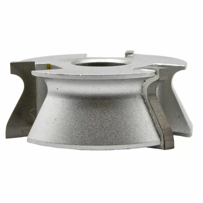 Carbide-tipped profile router bit cutter head for woodworking on white background