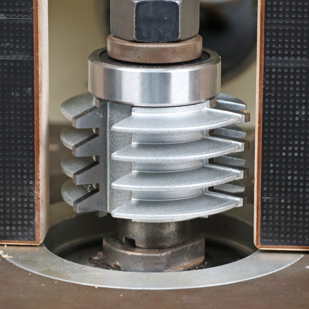 Close-up of a stacked dado blade set installed on a table saw for woodworking.