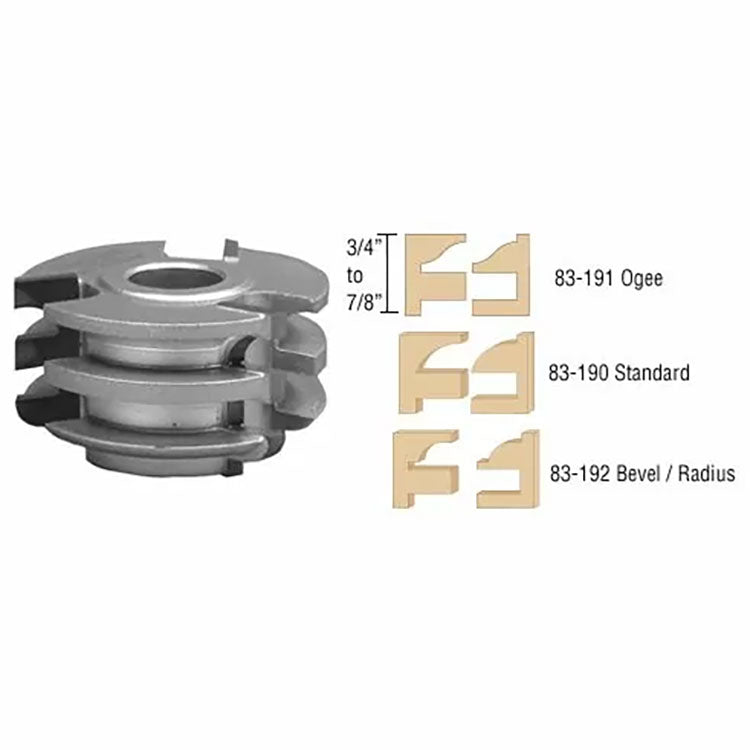 Profile router cutter head with sample wood profiles for ogee, standard, and bevel radius cuts.