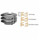Profile router cutter head with sample wood profiles for ogee, standard, and bevel radius cuts.