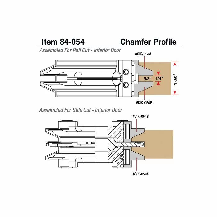 Chamfer profile router bit diagram for rail and stile cuts on interior doors, item 84-054.