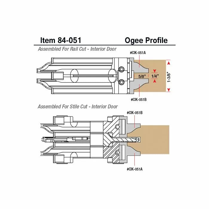Ogee profile router bit diagram for interior door rail and stile cuts with measurements