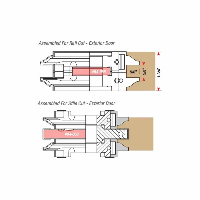 Diagram of exterior door rail and stile router bit cuts with labeled dimensions