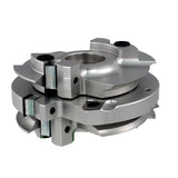Stacked carbide insert shaper cutter head for woodworking, precision metal tool closeup