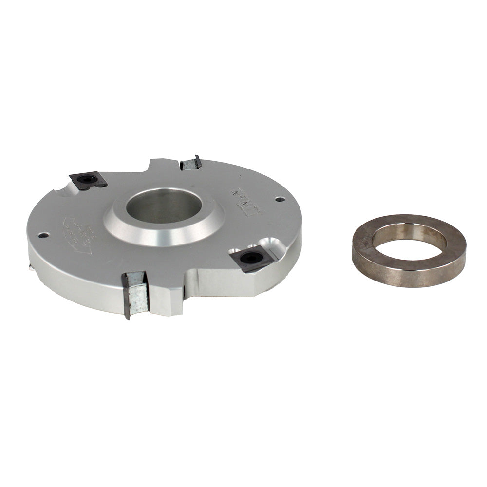 Carbide insert shaper cutter head and spacer ring for woodworking tools on white background