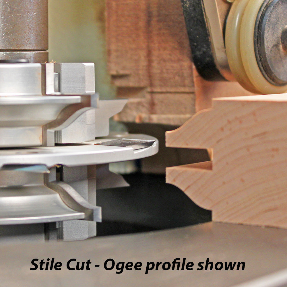 Close-up of woodworking stile cutter making an ogee edge profile on wood