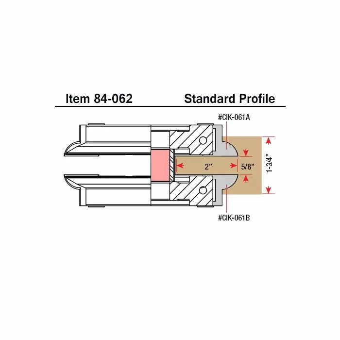 Diagram of woodworking standard profile router bit, item 84-062, with precise measurements.