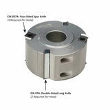 Steel woodworking cutter head with labeled four-sided spur knife and double-sided long knife.