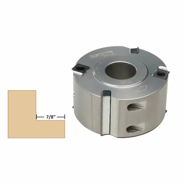 Carbide-tipped rabbeting cutter head for woodworking, with 7/8 inch rabbet profile diagram.