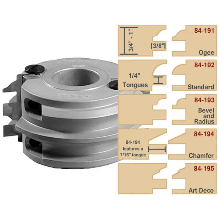 Carbide-tipped woodworking cutter head with profiles for ogee, standard, bevel, chamfer, and art deco joints.