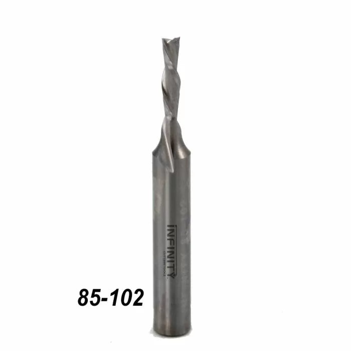 Straight flute carbide router bit for woodworking, labeled 85-102, on white background.