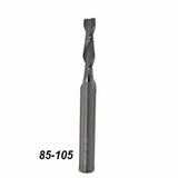 Solid carbide spiral router bit for woodworking, labeled 85-105, on white background.