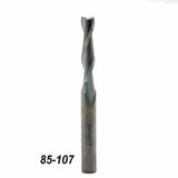 Carbide spiral router bit for woodworking, single flute, item number 85-107 on white background