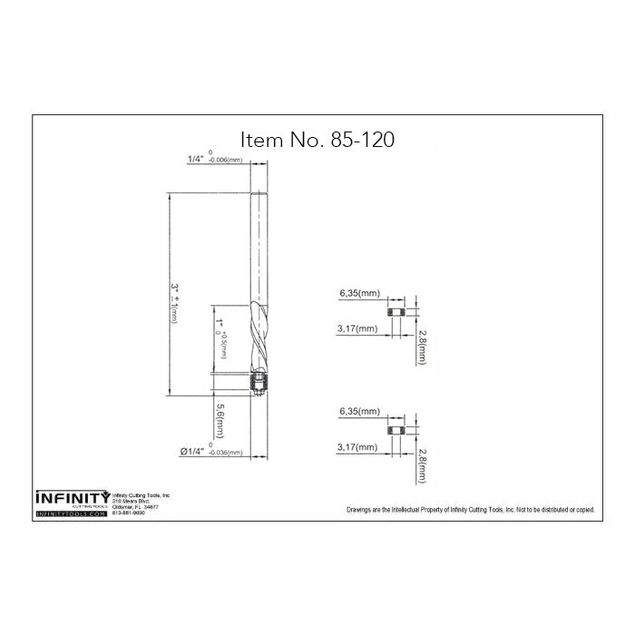 Technical drawing of straight router bit, item 85-120, with detailed dimensions in millimeters.
