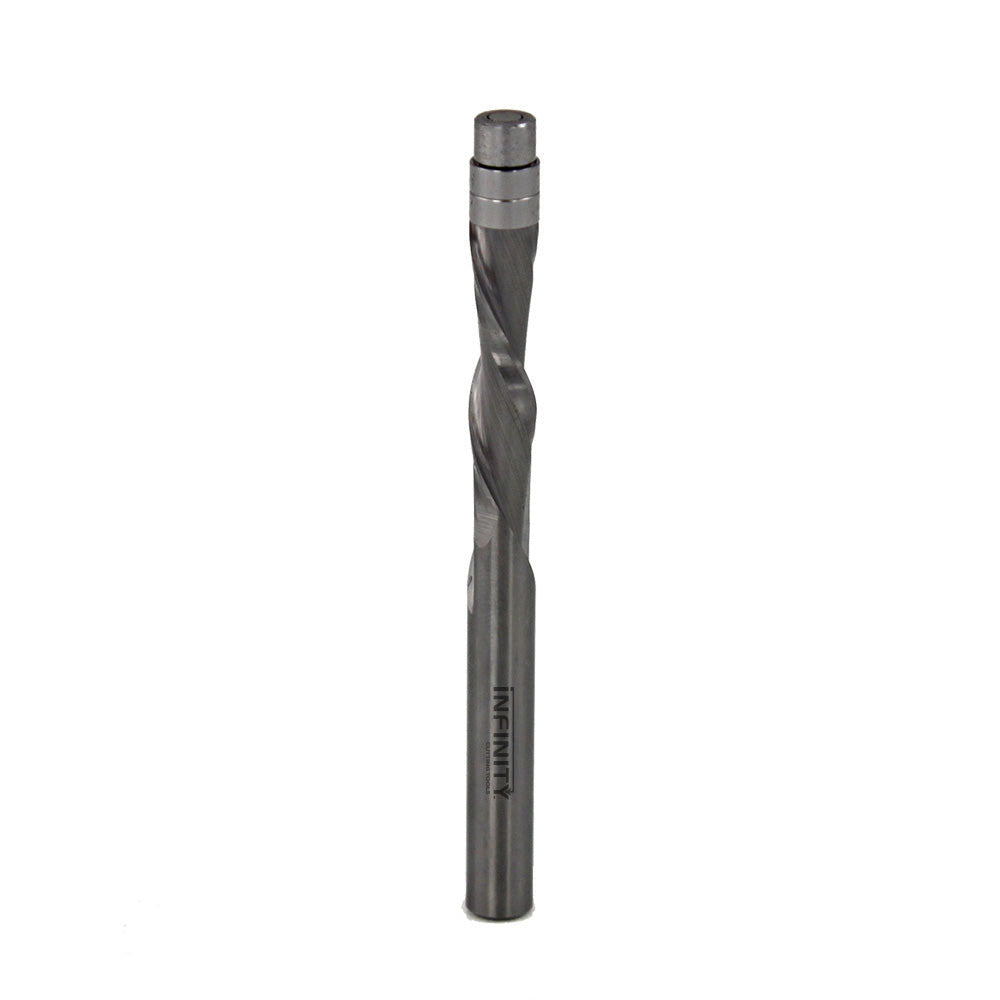 Carbide spiral router bit with bearing for woodworking, isolated on white background